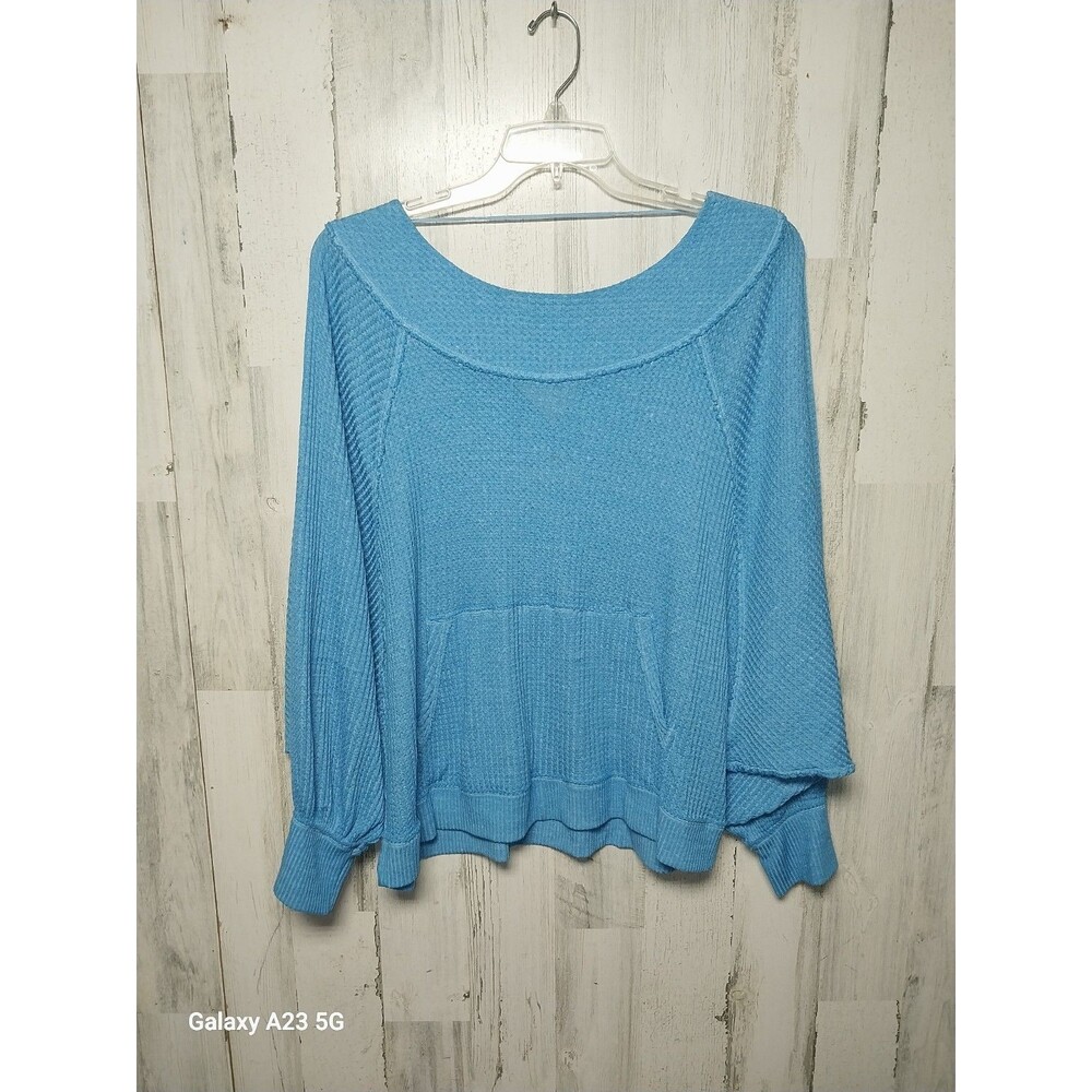 We The Free Womens Westend Pullover Sweater Blue Long Sleeve Waffle Knit Large